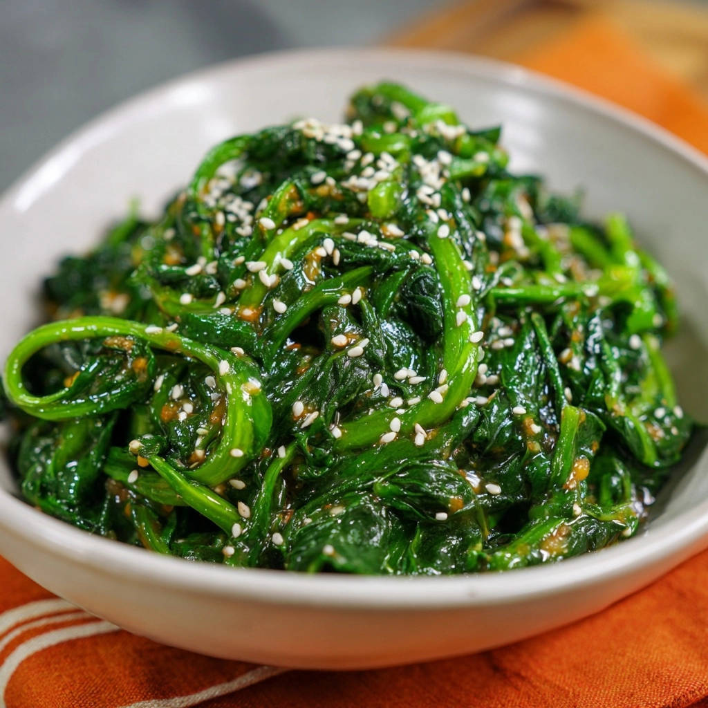 Sesame garlic spinach, a vibrant side dish, shown in a close-up with a generous topping of white sesame seeds.