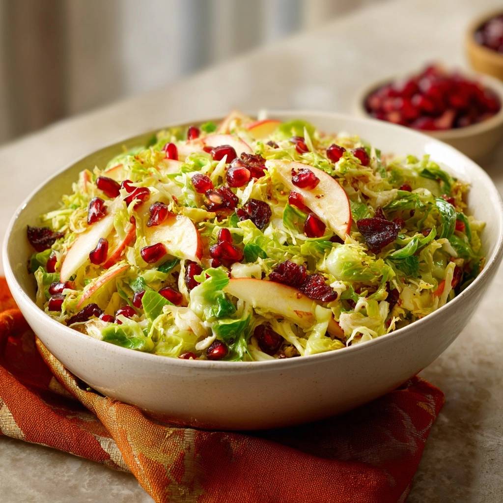 Shaved Brussels sprouts salad with apples, pomegranate, and bacon served in a white bowl, seen from the side.