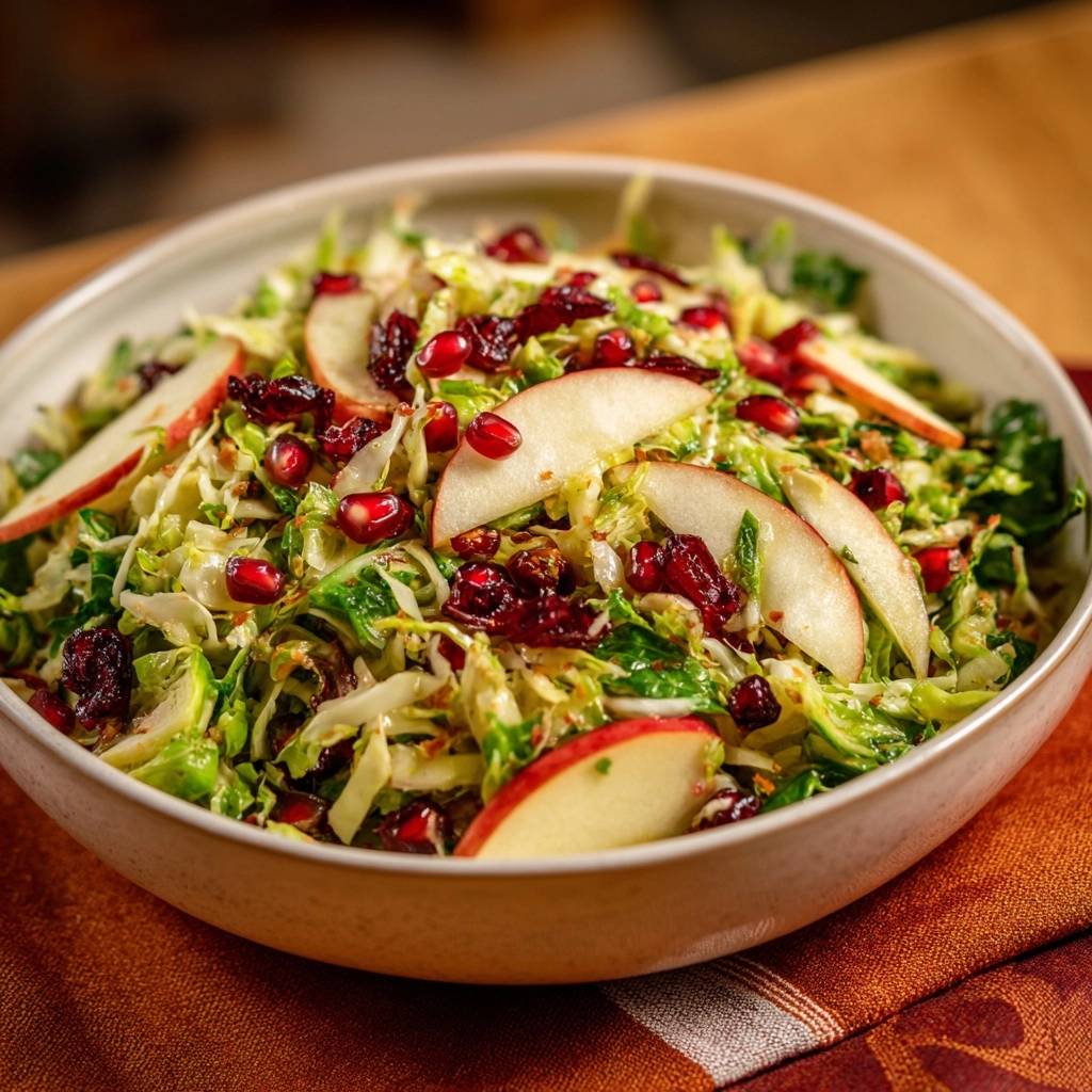 Shaved Brussels sprouts salad with apples, pomegranate, and bacon, generously garnished with fresh fruit.