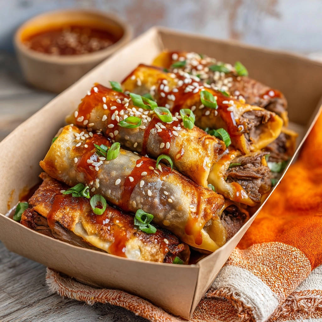 Crispy shredded beef spring rolls glazed with sauce and topped with sesame seeds and scallions in a paper tray.