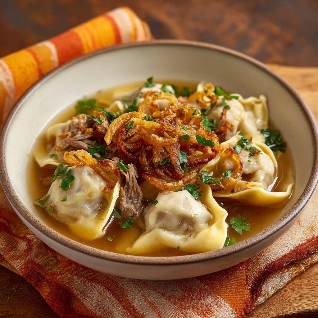 Shredded lamb dumpling soup garnished with fried onions and fresh parsley in a bowl.