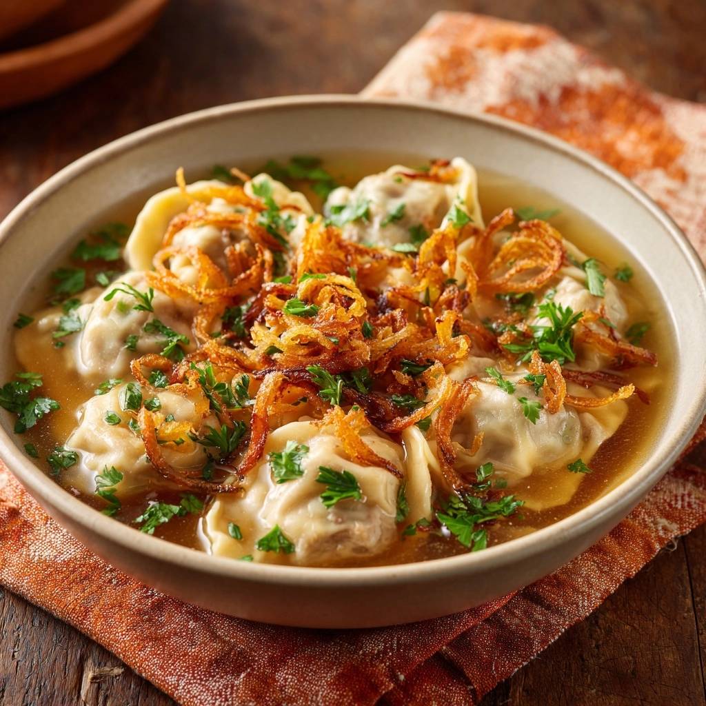 Shredded lamb dumpling soup garnished with crispy fried onions and fresh parsley in a bowl.