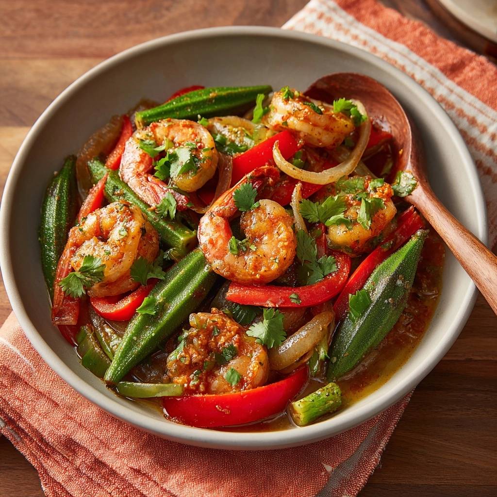 Shrimp okra stir-fry served in a bowl with a wooden spoon, showcasing tender shrimp and crisp okra pods.