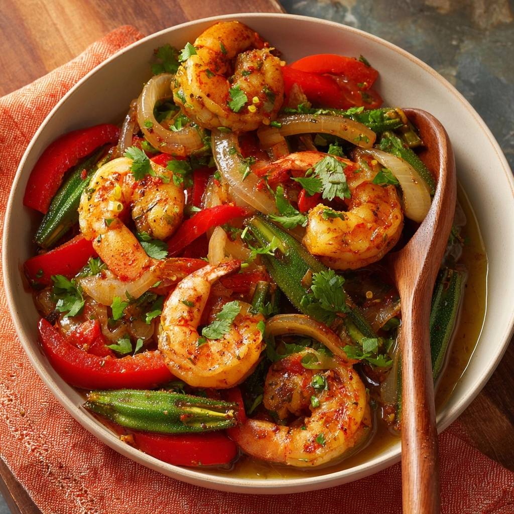 Shrimp okra stir-fry served in a bowl, showcasing a close-up view of the vibrant ingredients and spices.