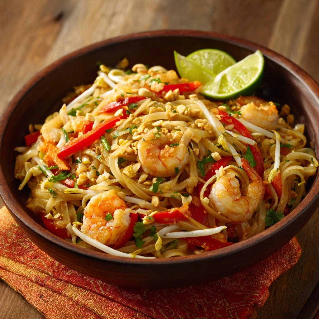 Homemade Shrimp Pad Thai served in a wooden bowl with lime wedges and garnished with crushed peanuts.