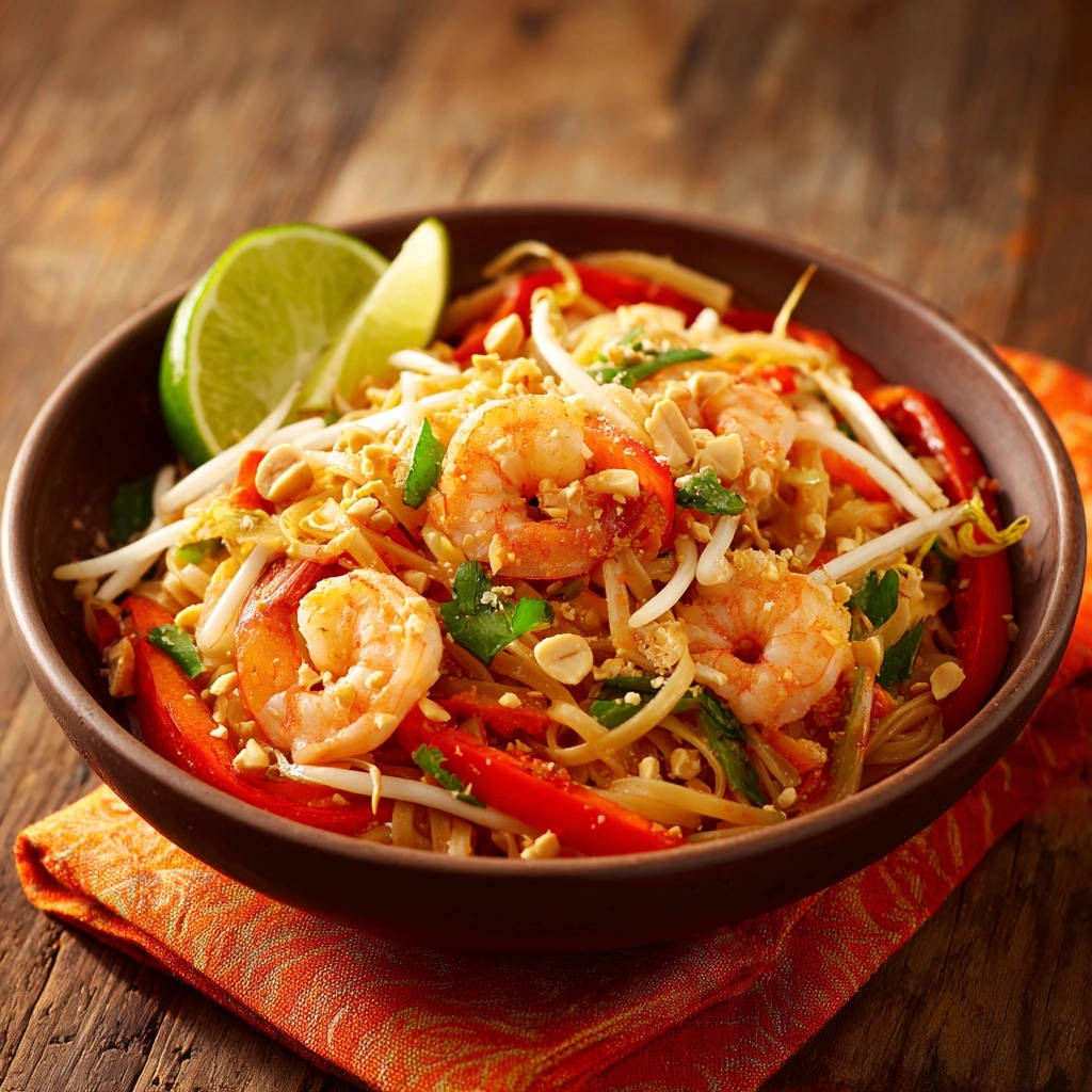 Homemade Shrimp Pad Thai close-up showing plump shrimp, lime wedges, and peanuts in a rustic bowl.
