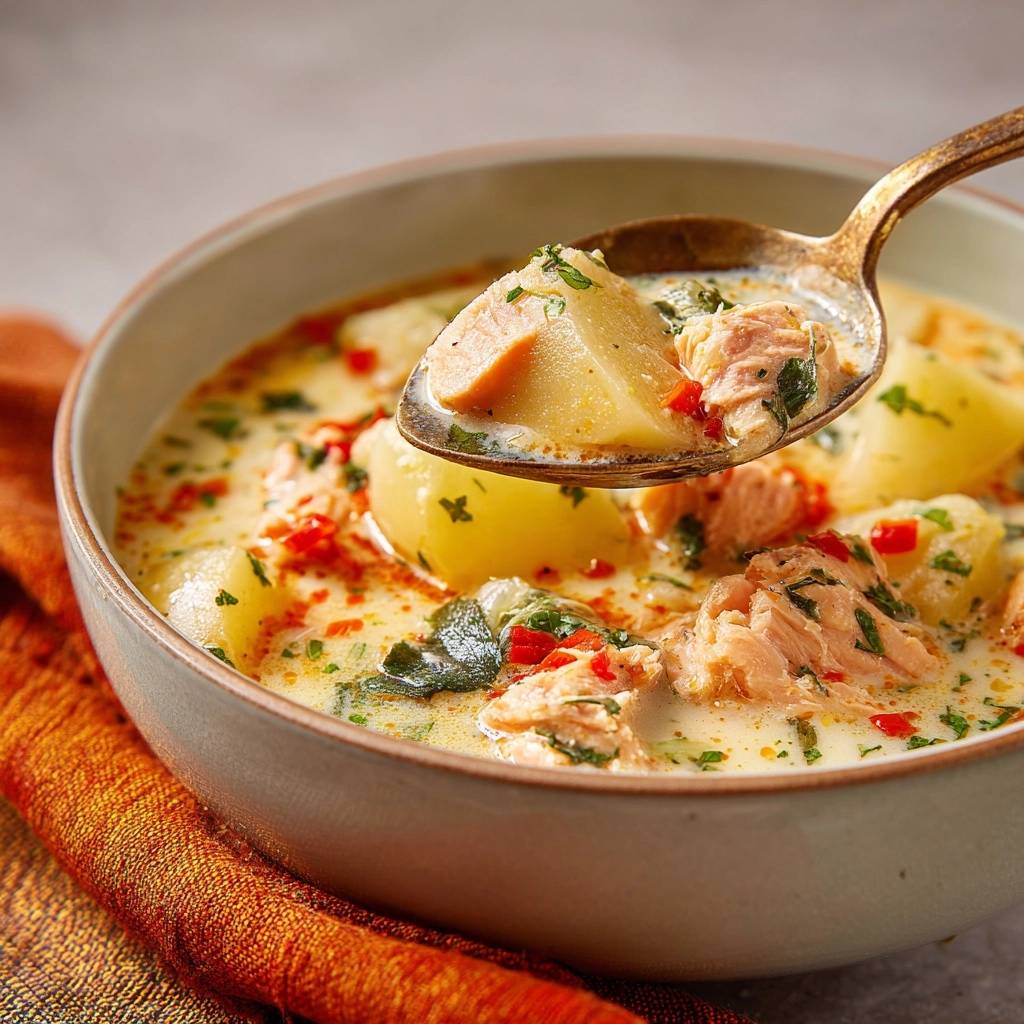 Silky salmon potato chowder shown in a close-up spoonful detail with potatoes and salmon.