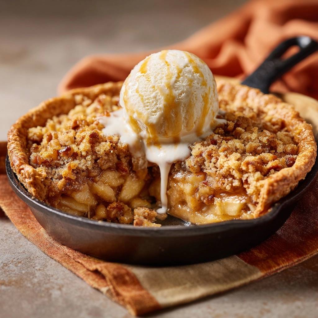 Skillet apple pecan pie with crisp streusel topping and a scoop of melting ice cream drizzled with caramel.