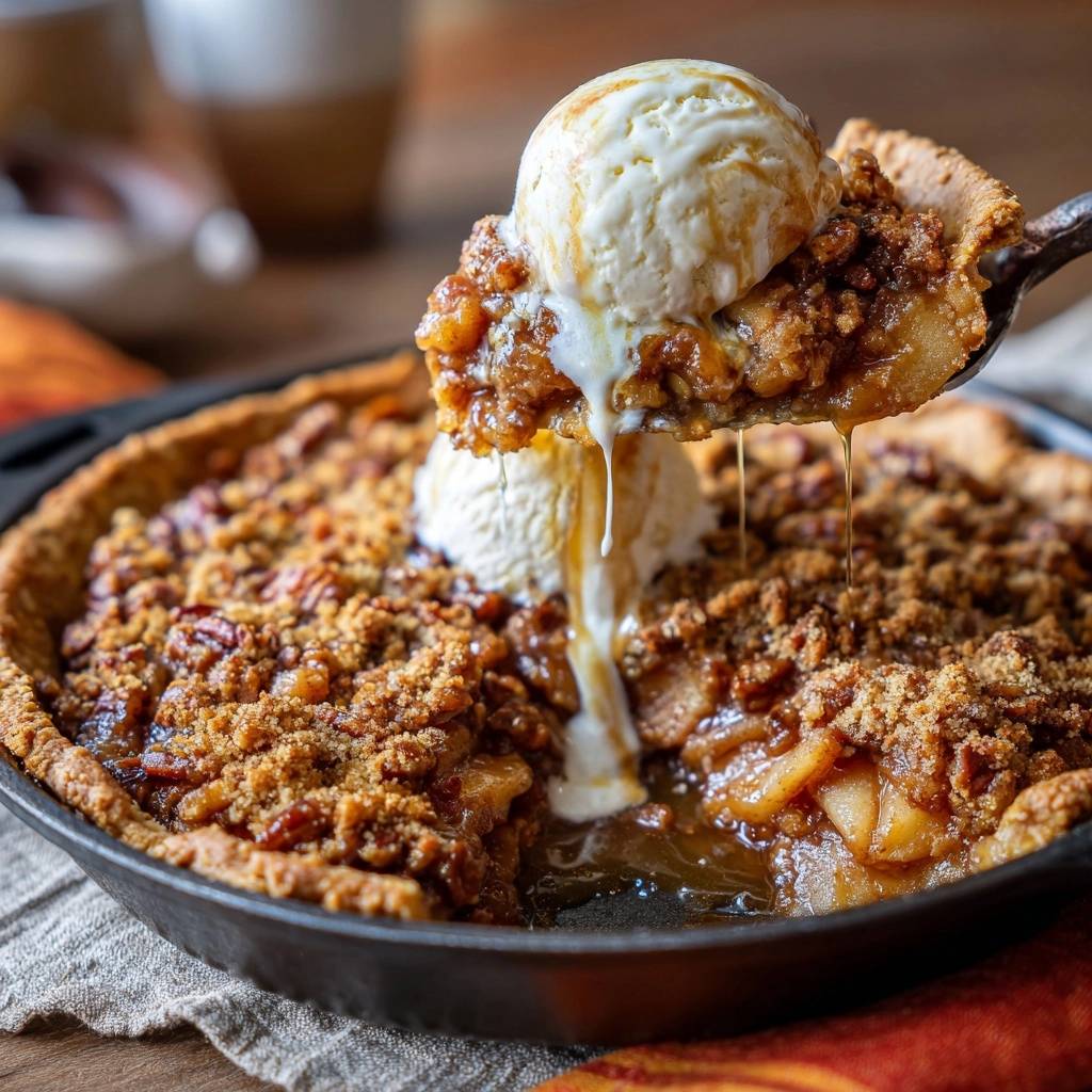Skillet apple pecan pie with crisp streusel topping, a slice lifted with melting ice cream and caramel drips.