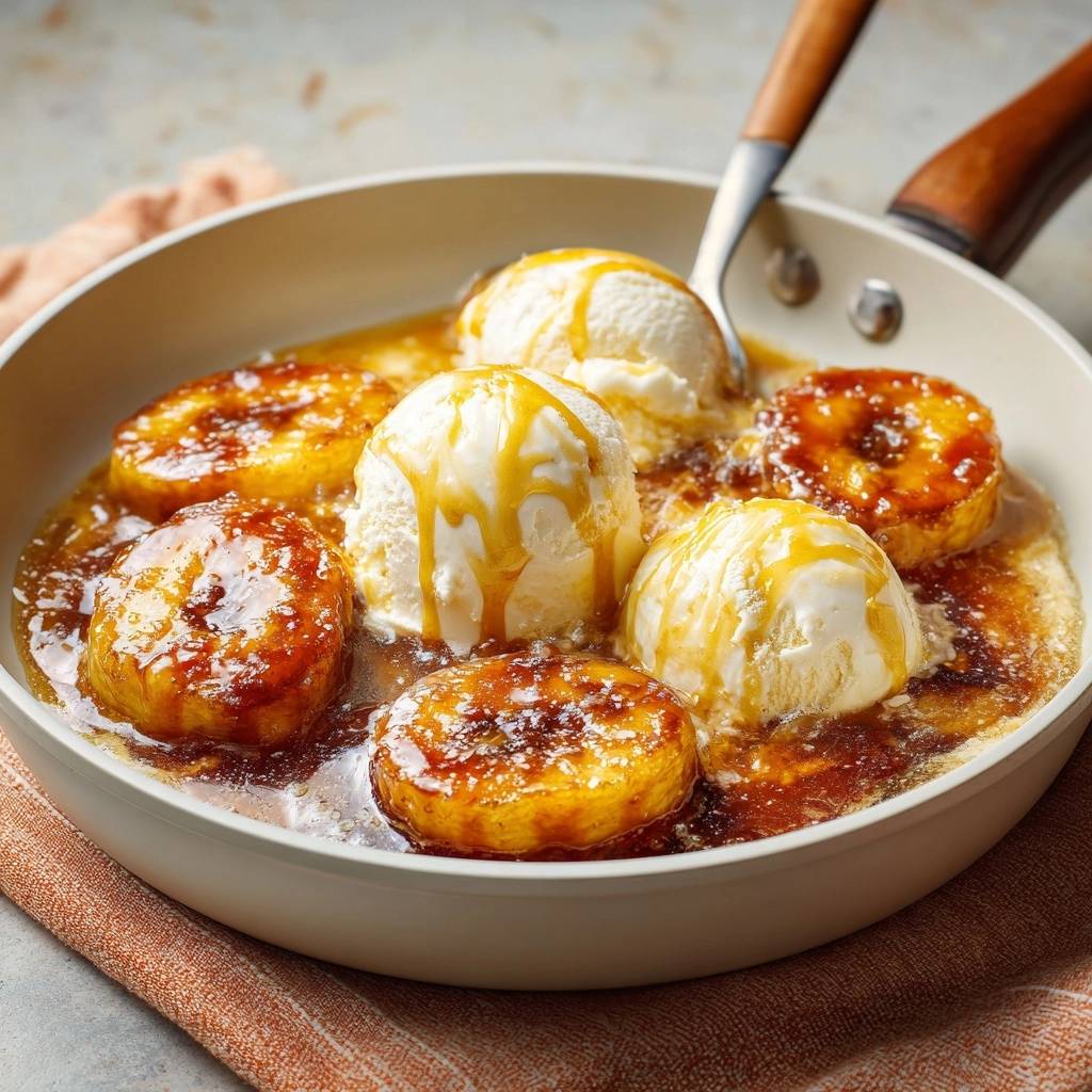 Skillet caramelized bananas with ice cream served warm in a skillet, drizzled with caramel.