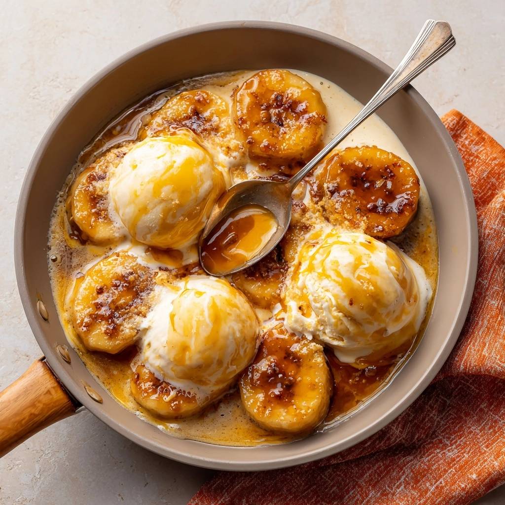 Skillet caramelized bananas with ice cream, with a spoon lifting a caramel-covered bite from the pan.