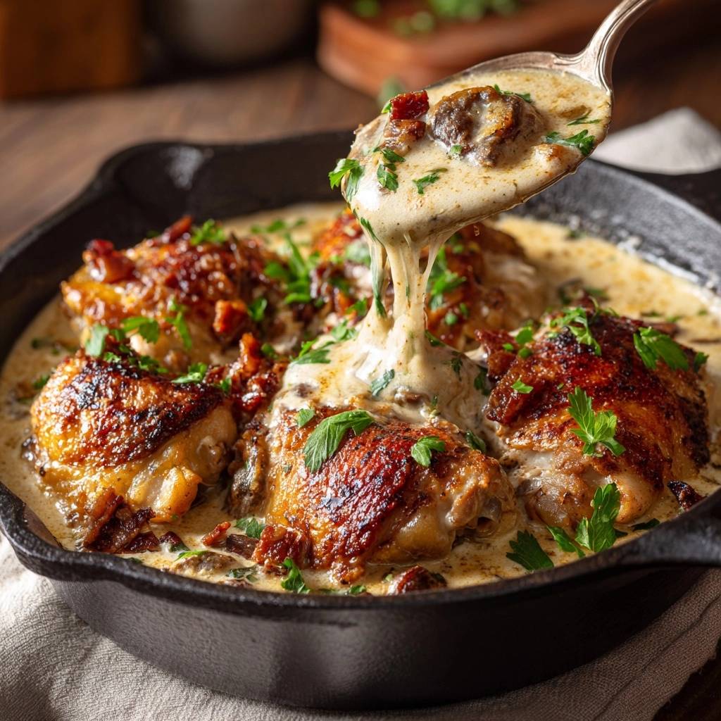 Skillet crispy chicken with bacon cream sauce being lifted with a spoon, showing the creamy texture.
