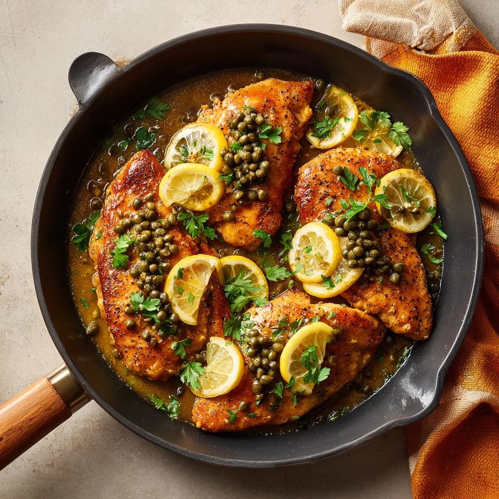 Skillet chicken piccata with lemon slices and capers served in a cast-iron pan.