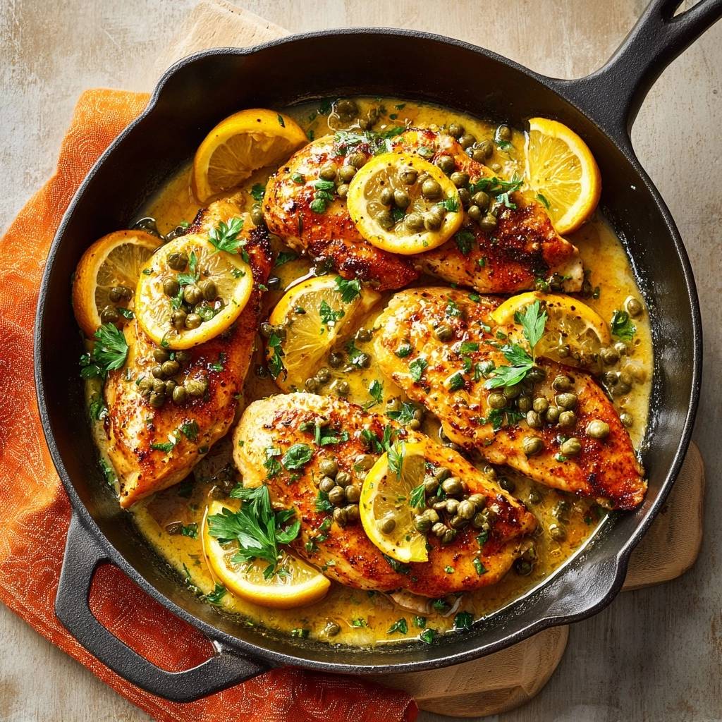 Skillet Chicken Piccata presented in a cast-iron pan, showcasing lemon slices and capers from an overhead perspective.