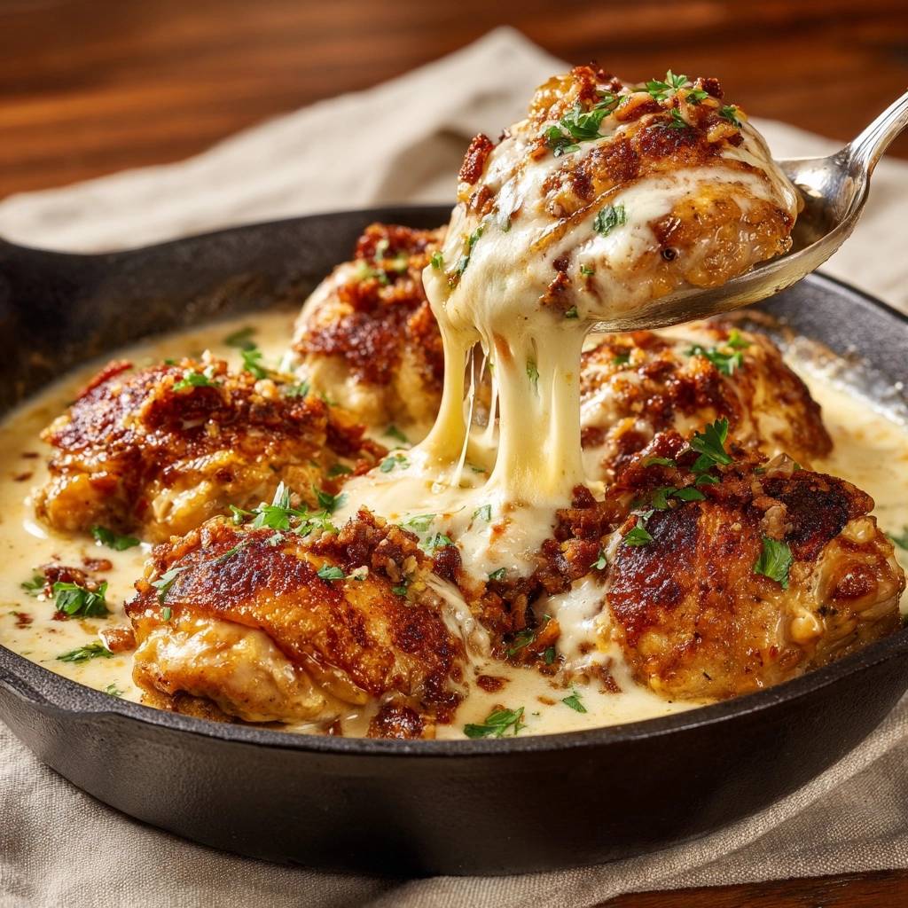 Skillet crispy chicken with bacon cream sauce, featuring a piece of chicken being lifted with melted cheese stretching dramatically from the pan.