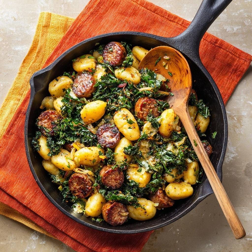 Skillet gnocchi with Italian sausage and kale served in a cast-iron skillet with a wooden spoon.