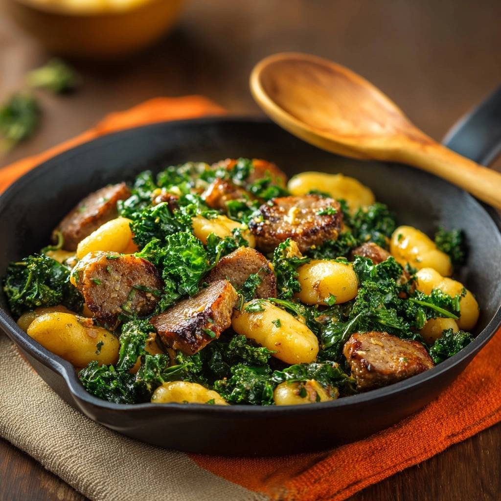 Skillet gnocchi with Italian sausage and kale shown in a close-up view within a cast iron pan.