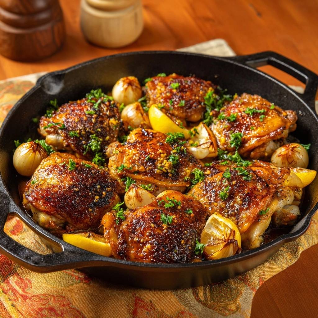 Skillet lemon garlic chicken thighs presented in a cast iron pan with roasted garlic and lemon wedges.