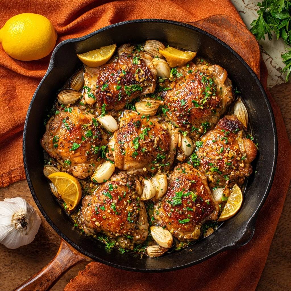 Skillet lemon garlic chicken thighs shown in a cast iron pan with lemon wedges and garlic cloves, overhead view.