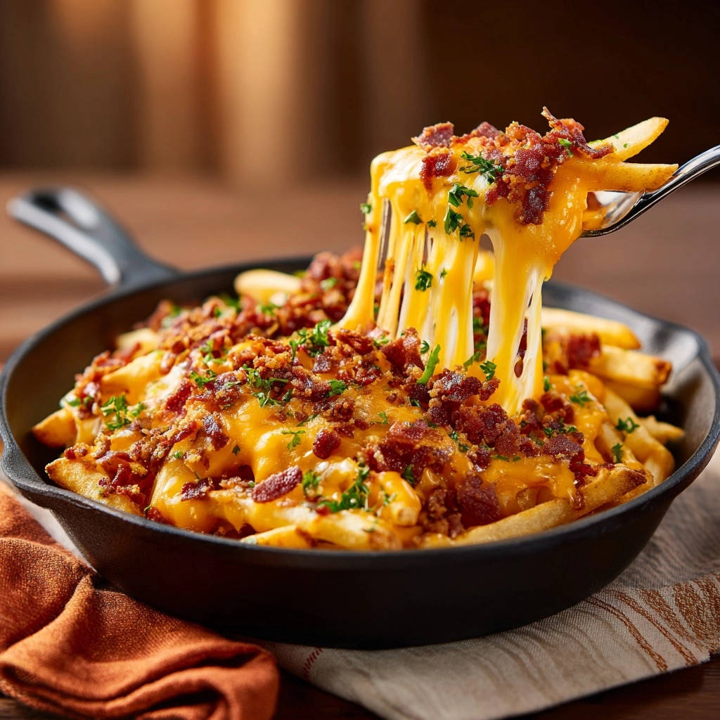 Skillet loaded bacon cheese fries showing a fork lifting cheesy fries with a long, gooey cheese pull.