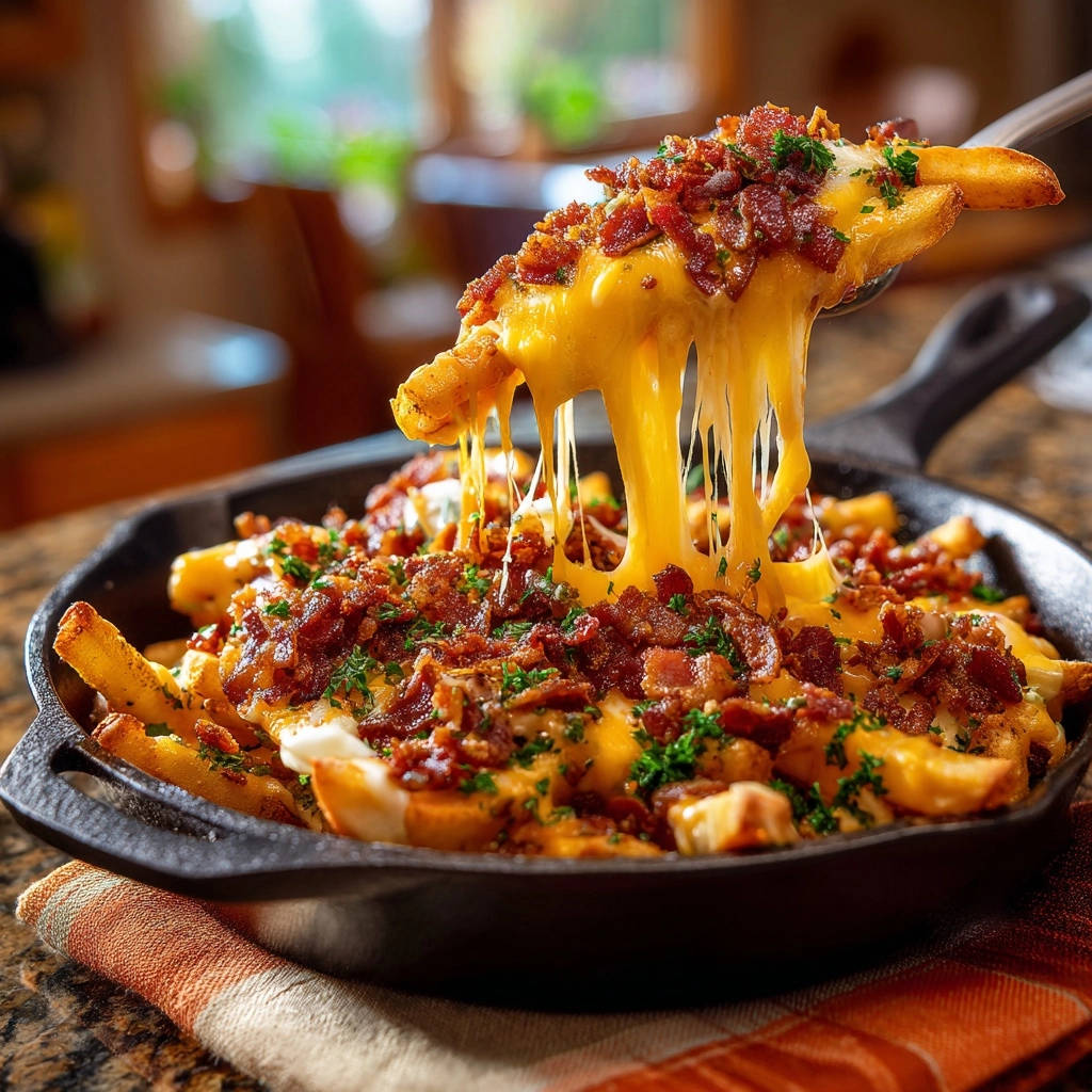 Skillet loaded bacon cheese fries with a dramatic stretchy cheese pull captured on a serving utensil.