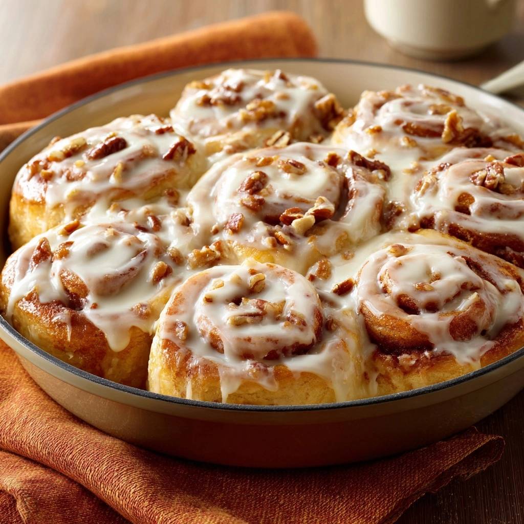 Skillet pecan cinnamon rolls drizzled with icing and topped with chopped nuts, shown from a close-up overhead perspective.