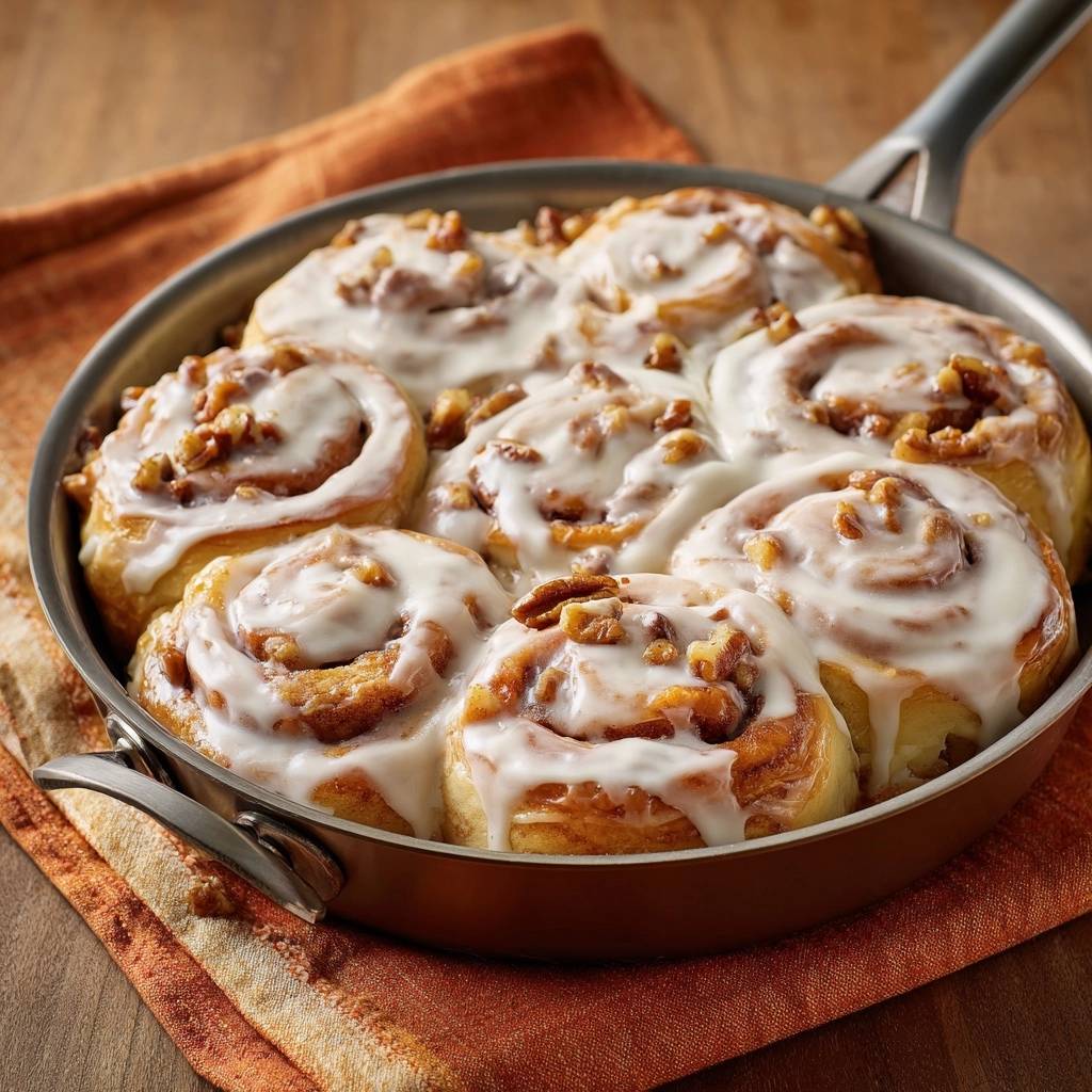 Skillet pecan cinnamon rolls frosted with glaze and topped with chopped pecans, presented in a pan.