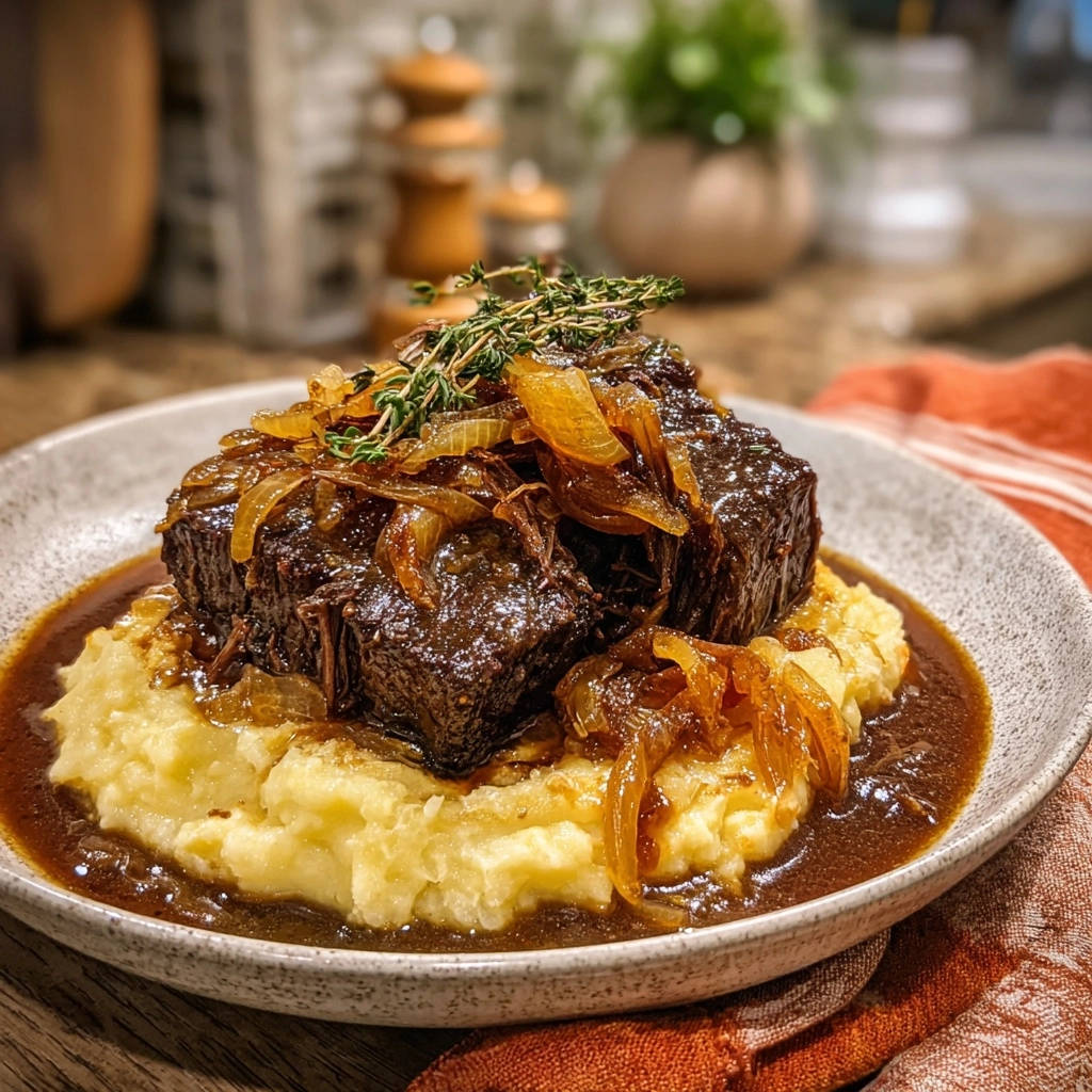 Slow-cooked beef short ribs plated with creamy mashed potatoes and a rich gravy, topped with caramelized onions.