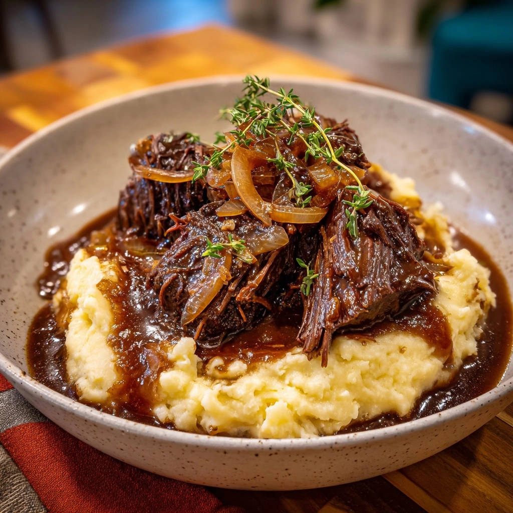 Slow-cooked beef short ribs served over creamy mashed potatoes, topped with caramelized onions and fresh thyme.