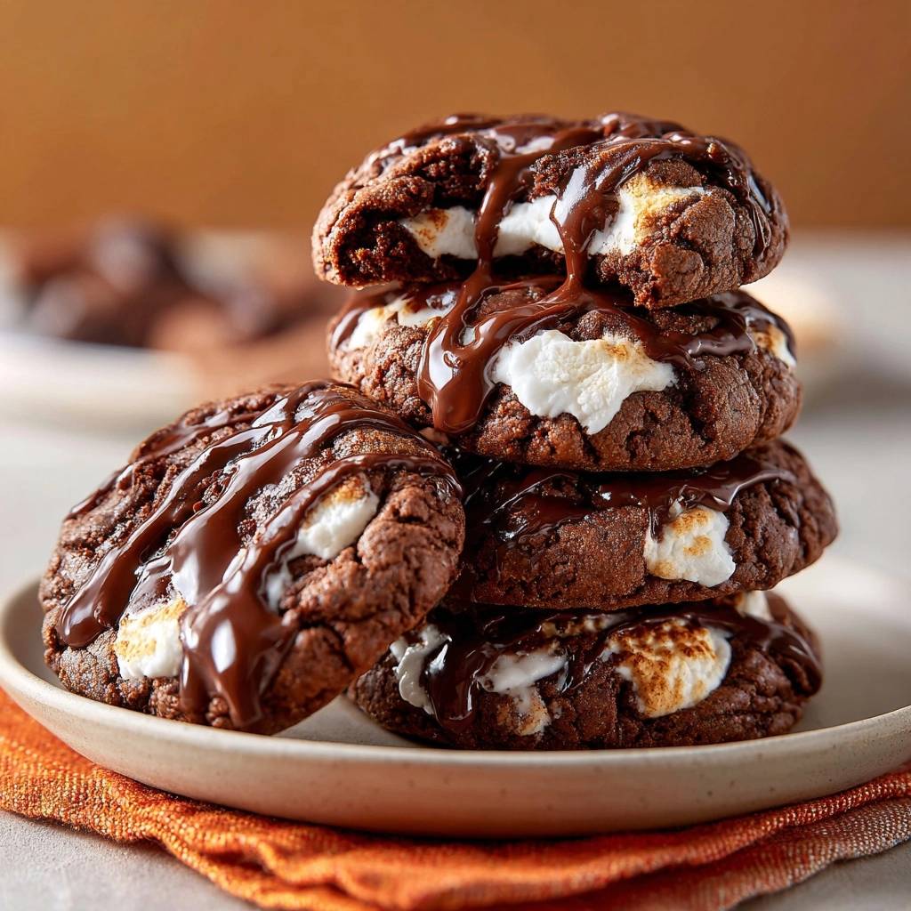 Gooey s'mores chocolate cookies stacked high and drizzled with rich chocolate sauce, showing melted marshmallow inside.