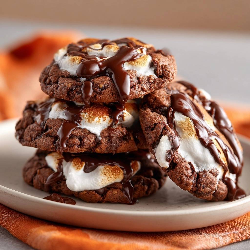 Gooey s'mores chocolate cookies stacked high and drizzled with melted chocolate on a plate.