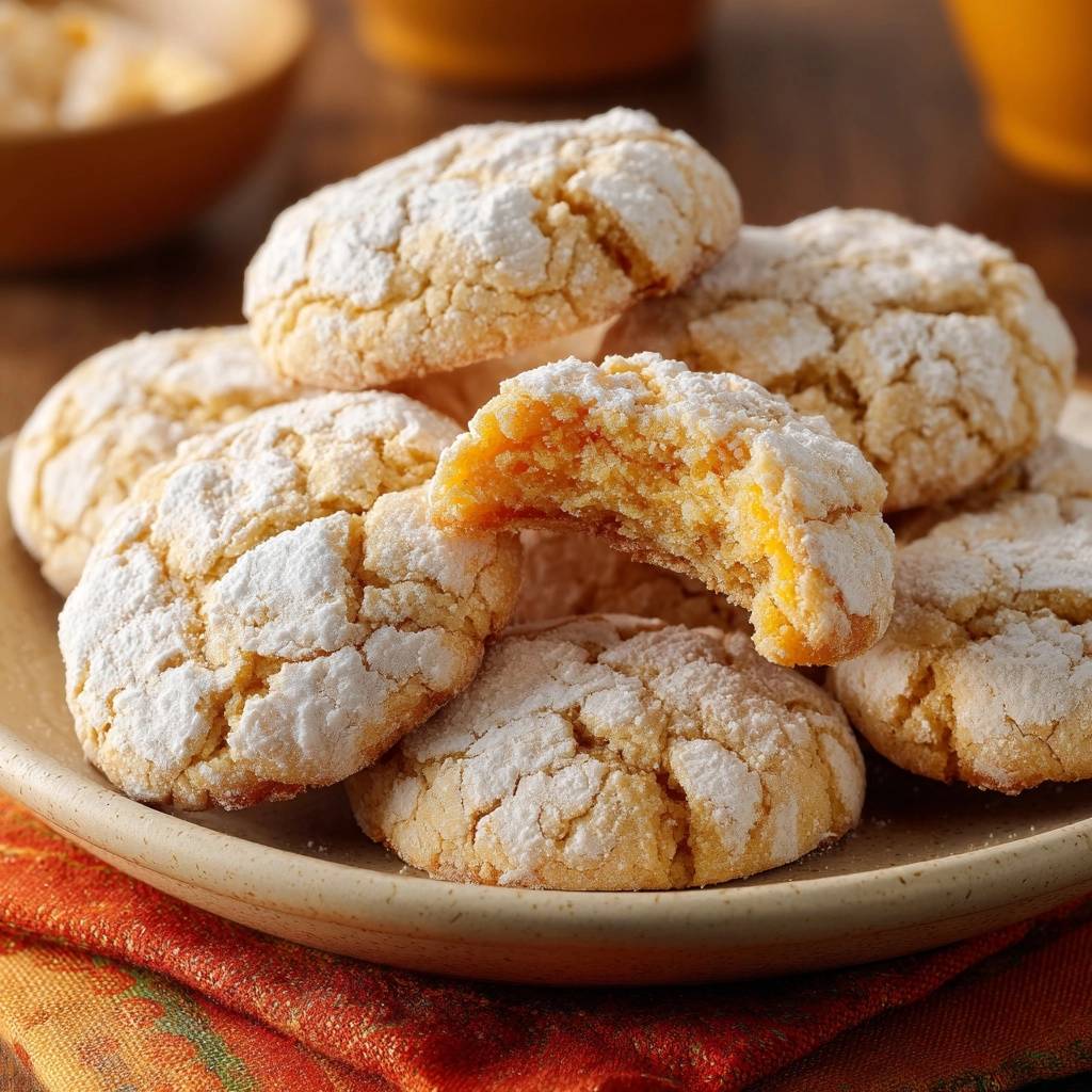 Snowy orange jam cookies cross-section revealing the bright, jam-filled interior and powdered sugar coating.