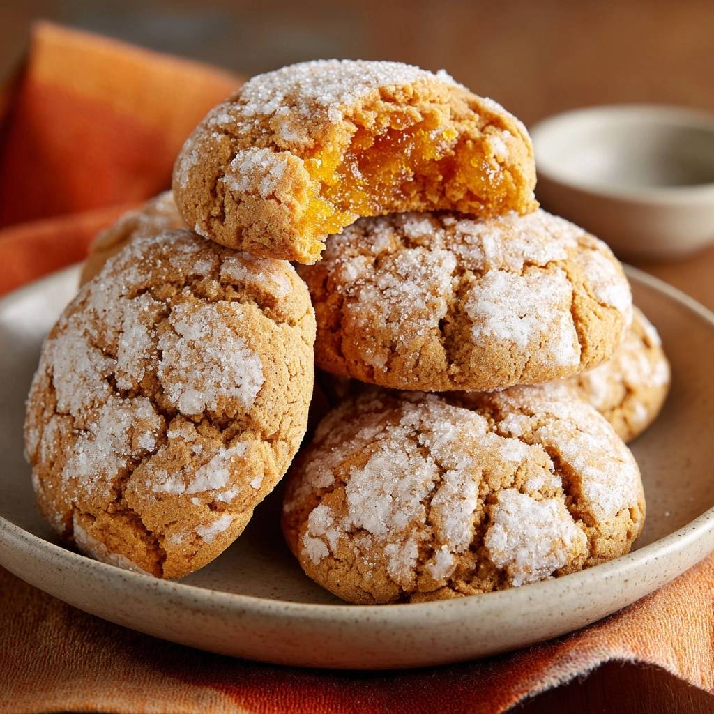 Snowy orange jam cookies cross-section revealing a soft, jam-filled interior on a plate.