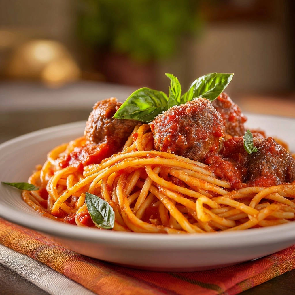 Classic spaghetti and meatballs with a close-up view of juicy meatballs and fresh basil garnish.