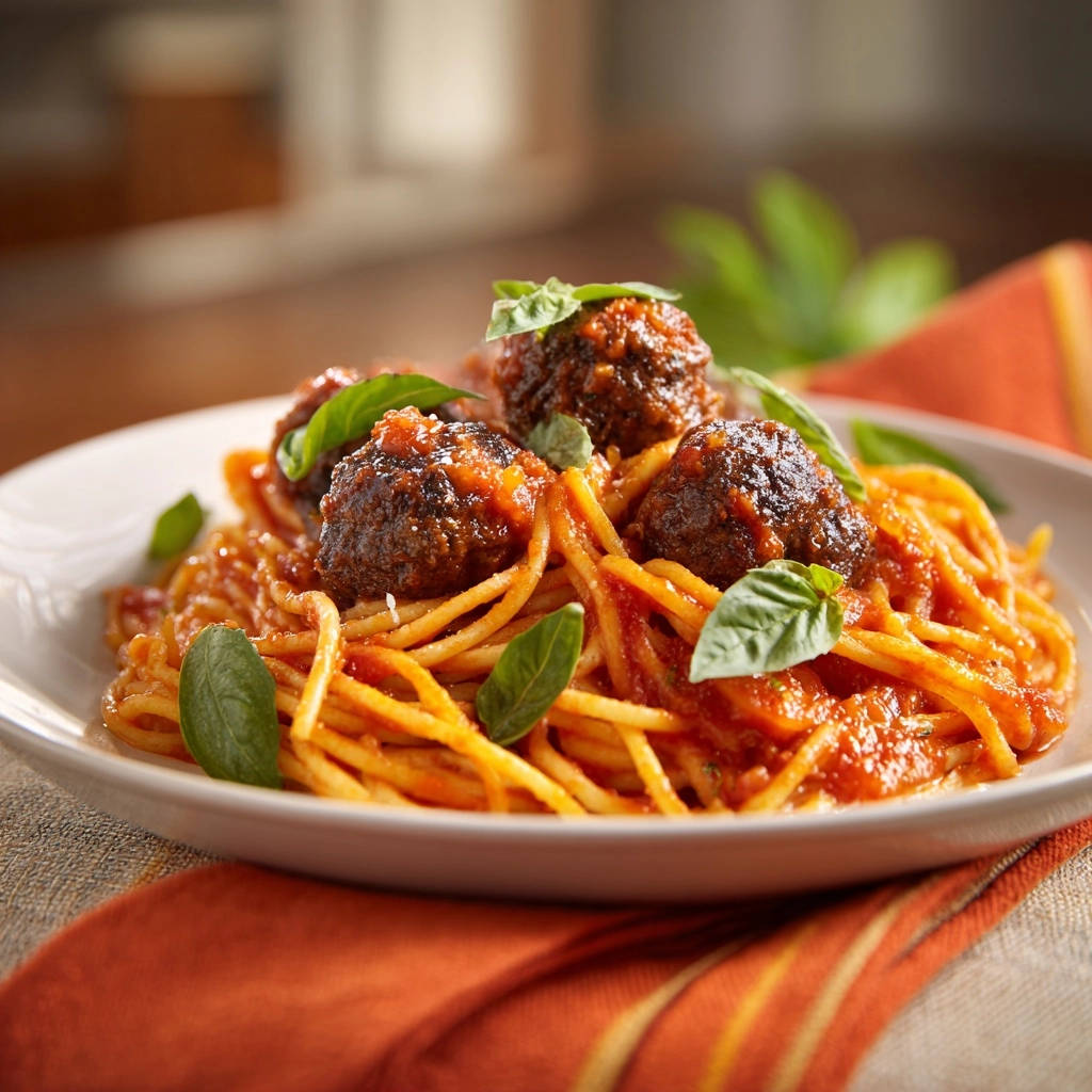 Classic spaghetti and meatballs with juicy meatballs and fresh basil garnish, close-up view.