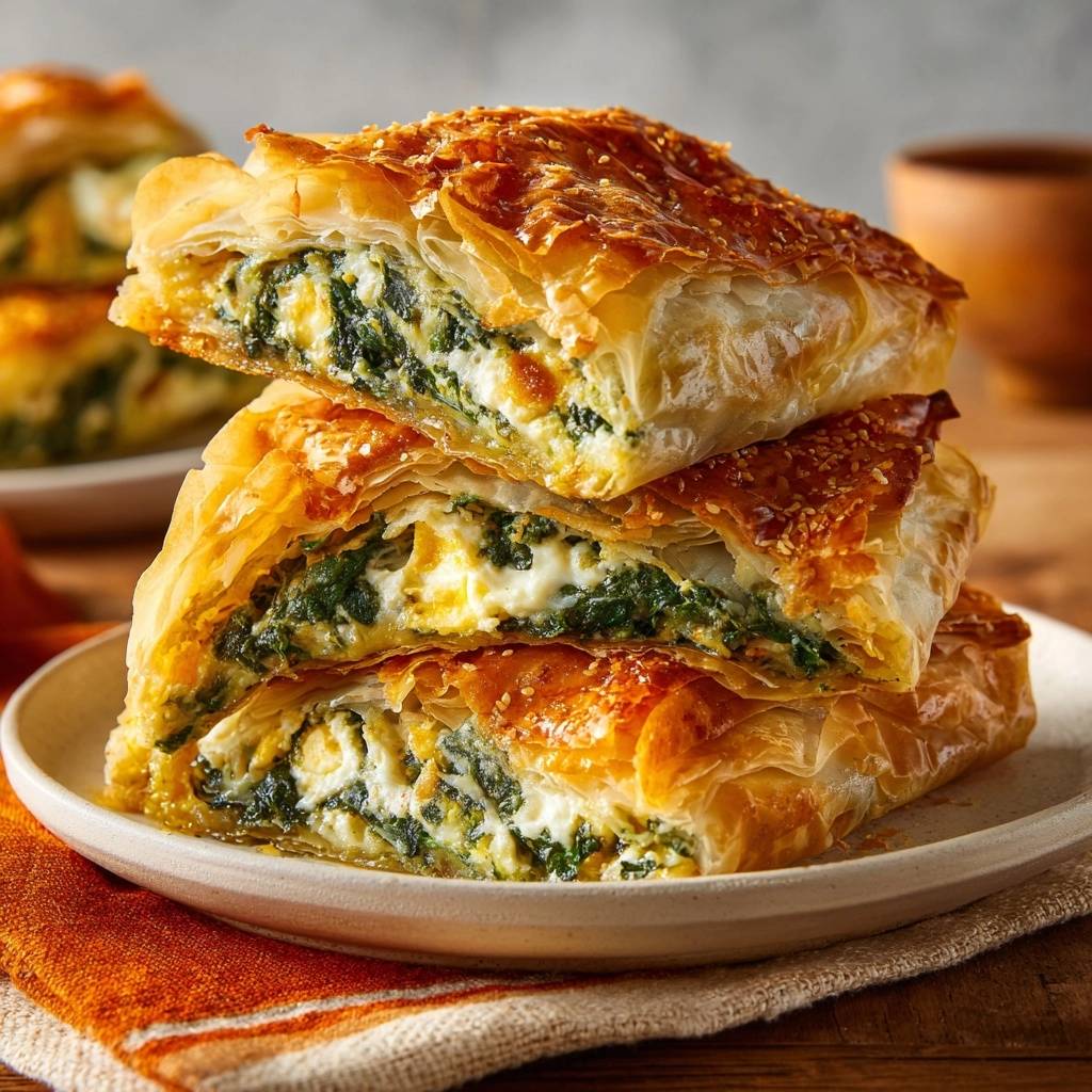 Spinach feta spanakopita shown in a stacked cross-section revealing its flaky phyllo pastry and spinach-feta filling.