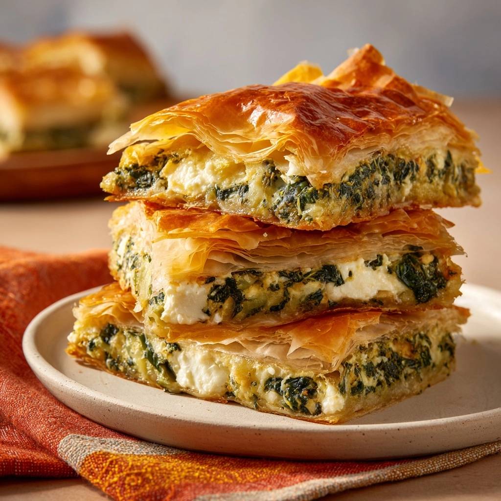 Spinach feta spanakopita with crisp phyllo, showing stacked slices with a detailed cross-section of the filling.