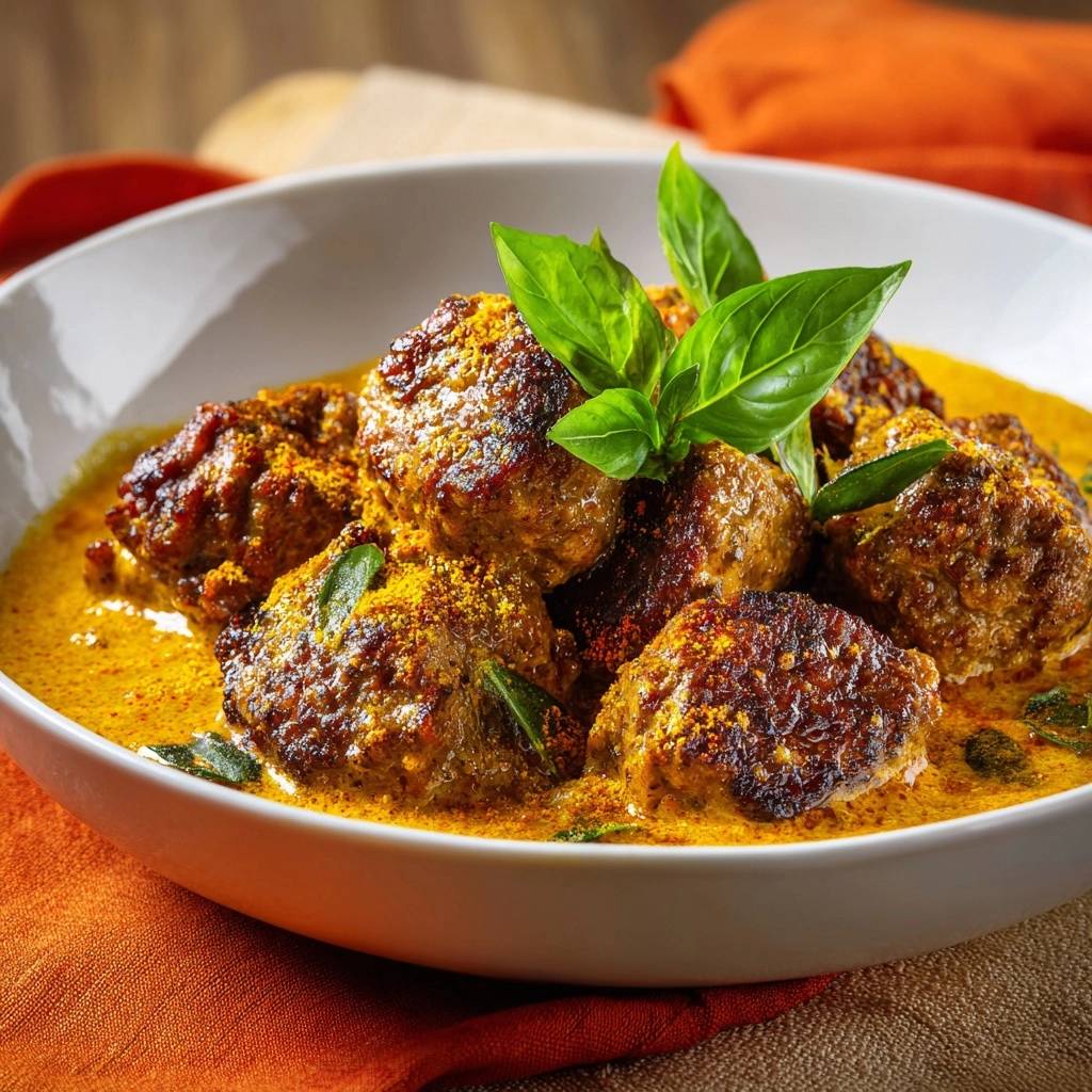 Spiced meatball curry served in a white bowl, featuring tender meatballs coated in a rich, yellow sauce and garnished with fresh basil.