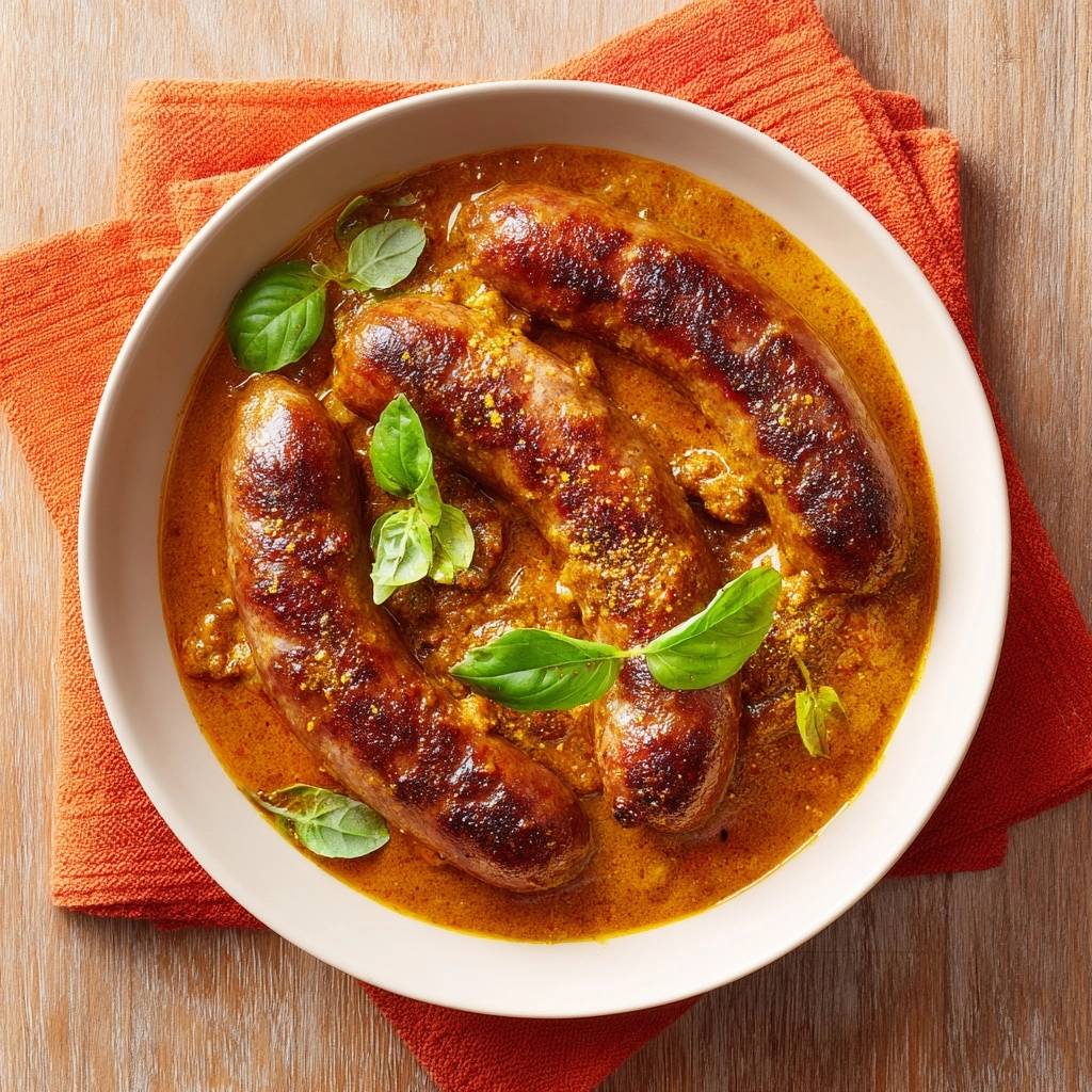 Spiced meatball curry served in a bowl with fresh basil garnish, presented in an overhead view.