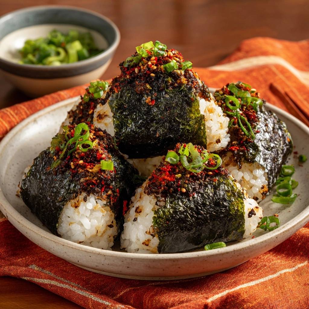 Spicy nori onigiri are piled high on a plate, showcasing their flavorful chili and sesame seed topping and green onion garnish.