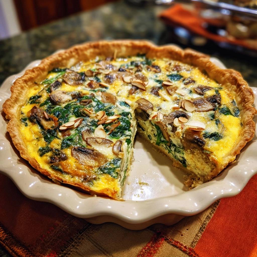 Spinach mushroom almond quiche showing a detailed cross-section with flaky crust and savory filling.