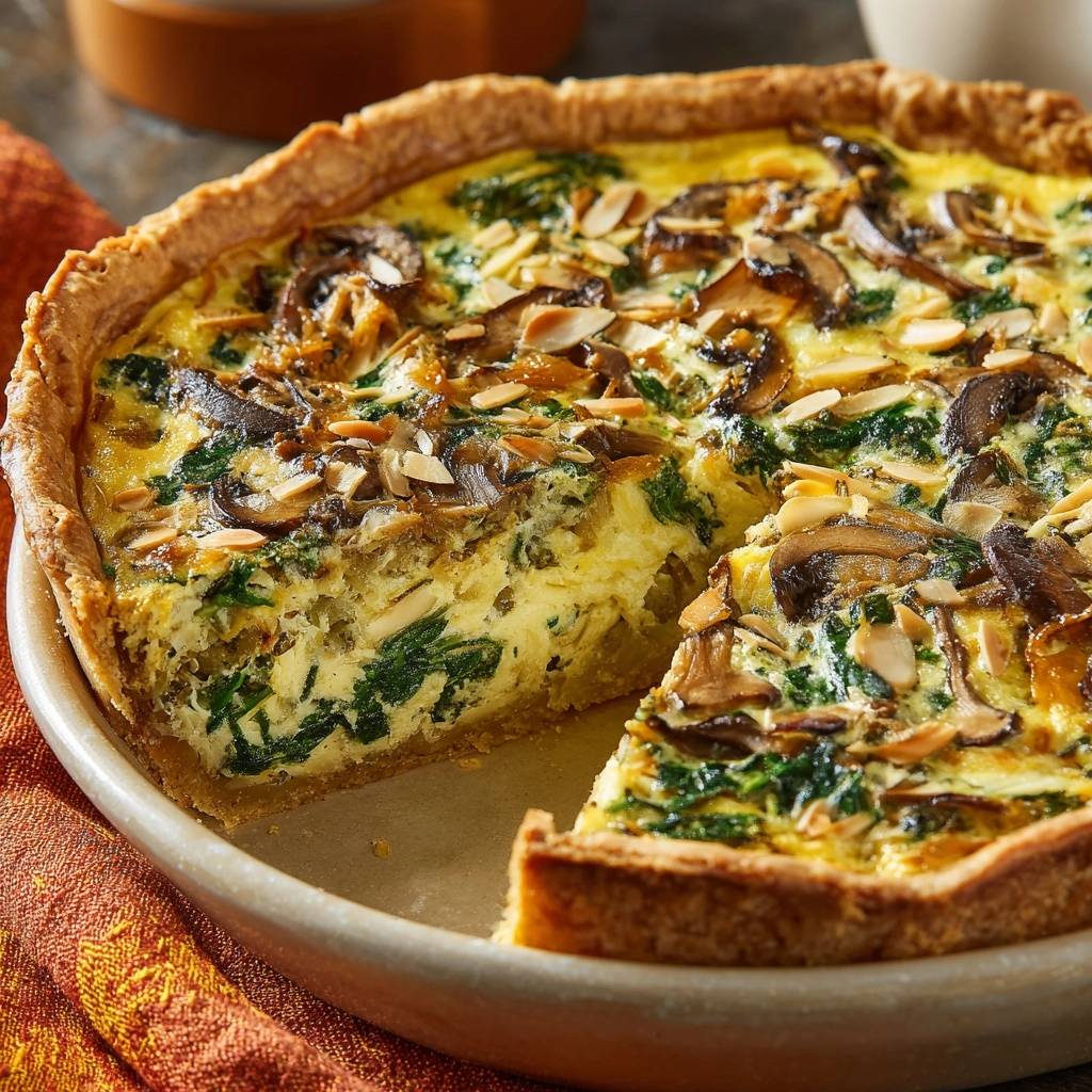 Spinach mushroom almond quiche shown in a cross-section slice, revealing its rich filling and golden crust.