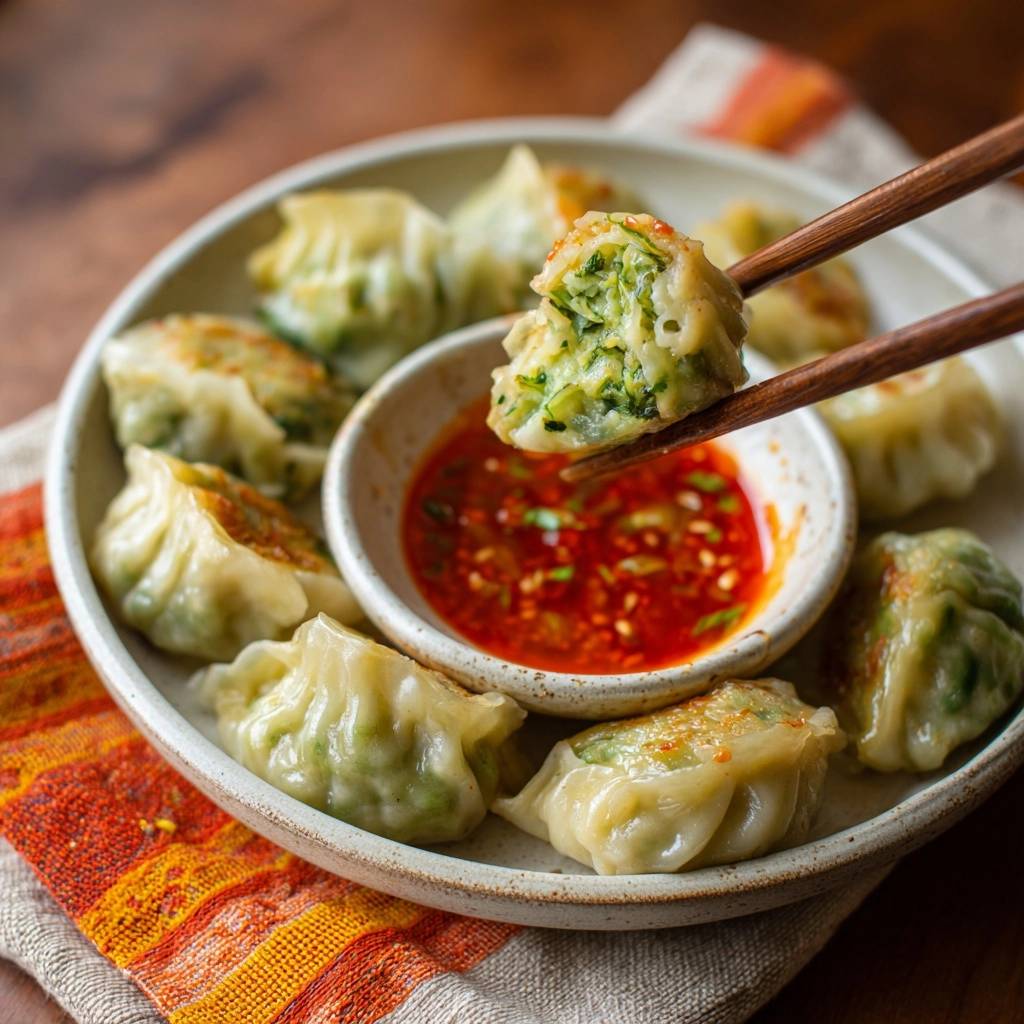 Steamed spinach dumplings with a cross-section showing the filling, being dipped into sauce by chopsticks.