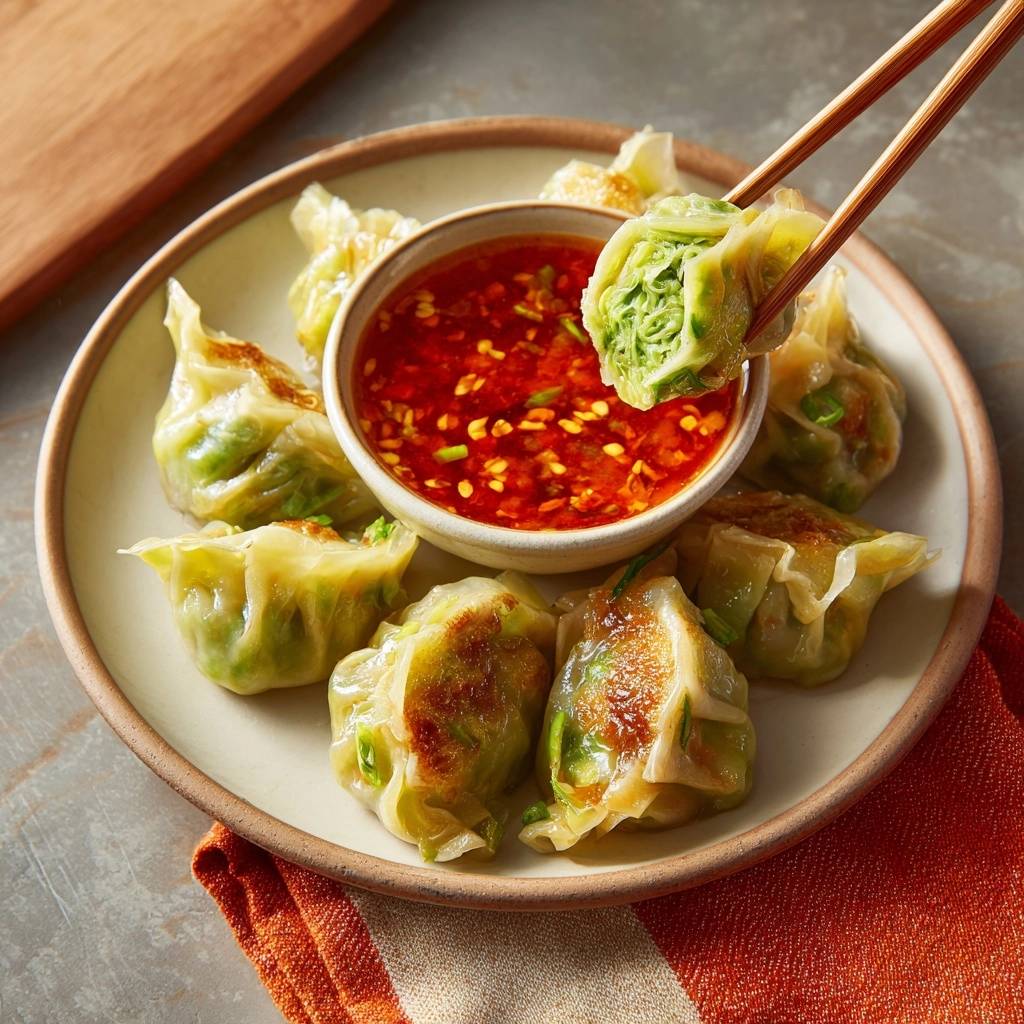 Steamed spinach dumplings with a vibrant red dipping sauce, one dumpling lifted by chopsticks.