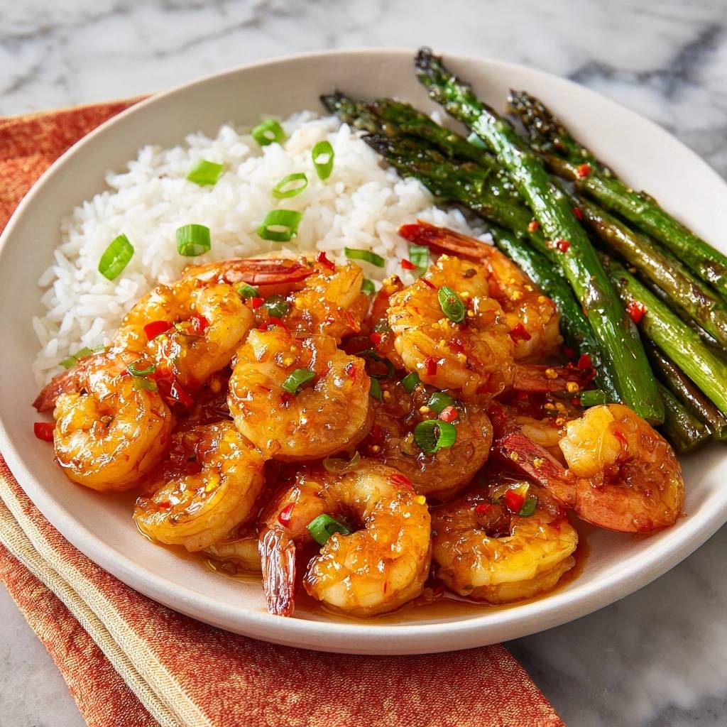 Sticky chili glazed shrimp with asparagus over rice, served in a white bowl with a side view.