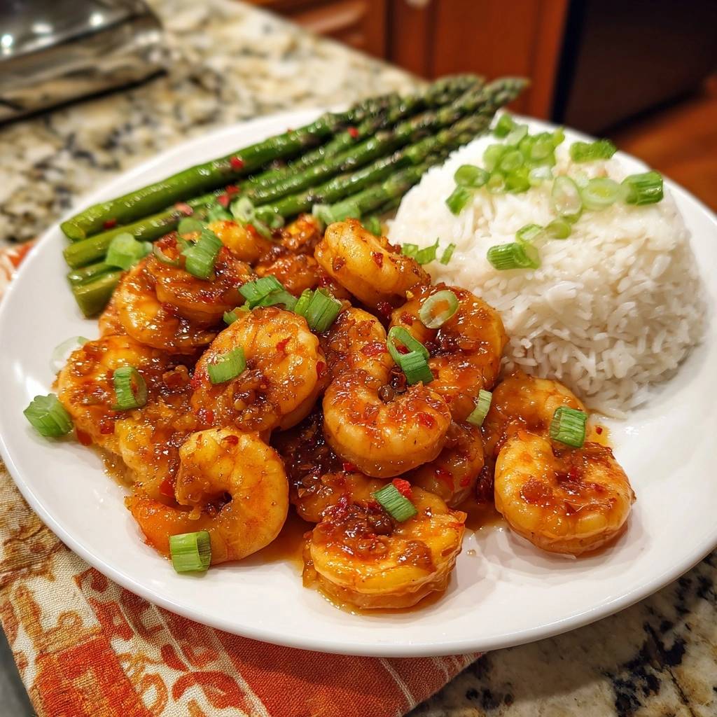 Sticky chili glazed shrimp with asparagus over rice, a plated serving with a close-up view of the glistening shrimp and garnishes.