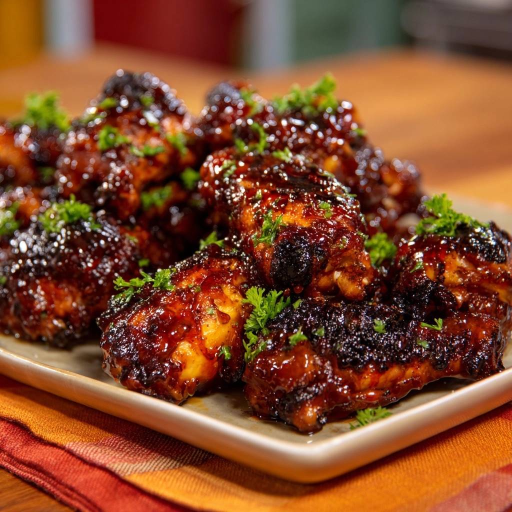 Sticky glazed chicken wings with crispy skin, artfully garnished with fresh parsley in a close-up detail shot.