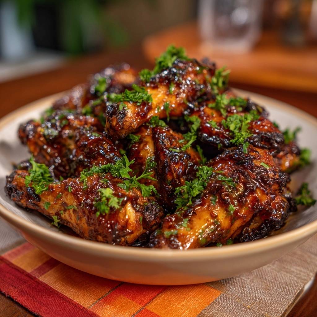 Sticky glazed chicken wings with crispy skin, generously garnished with fresh parsley in a bowl.