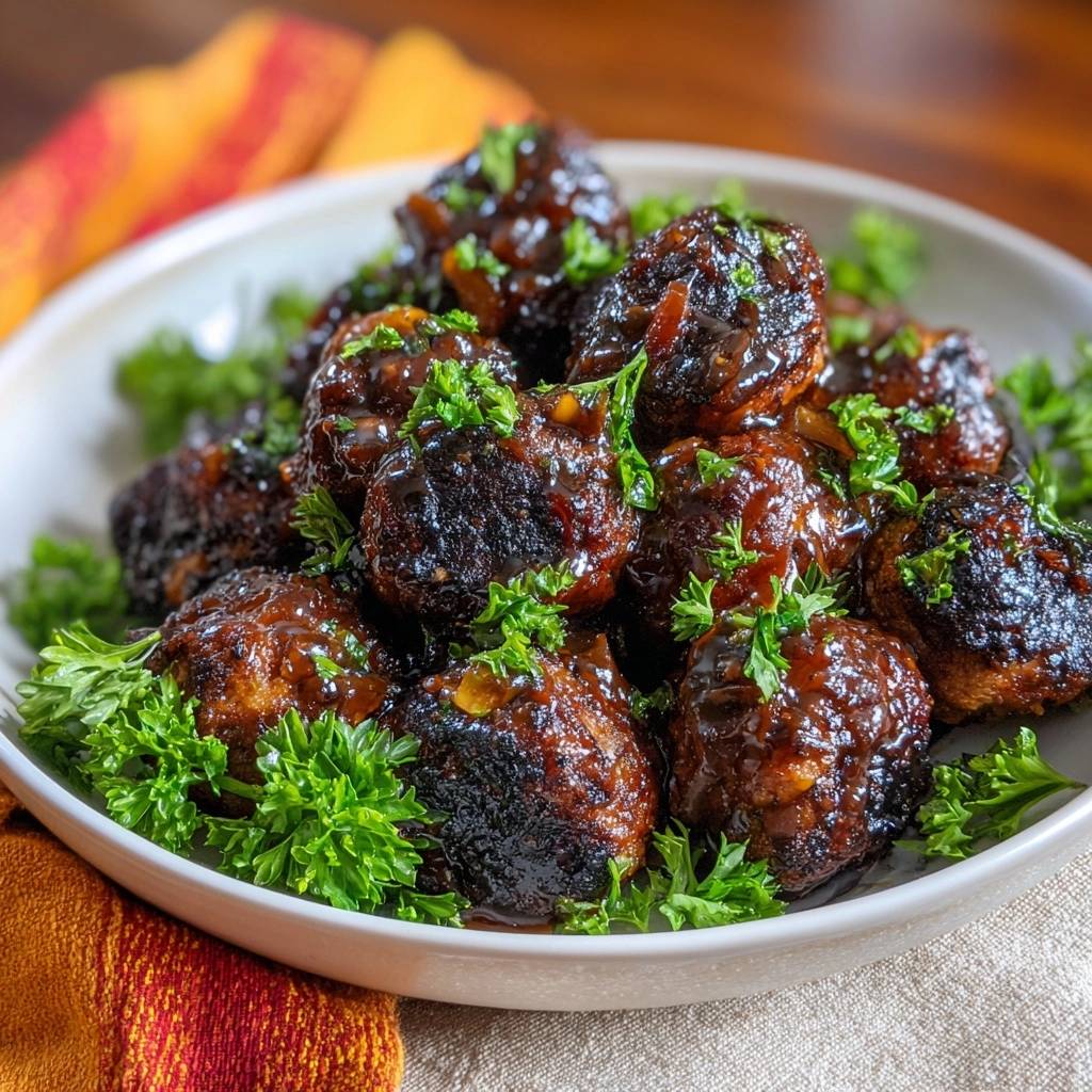 Sticky glazed meatballs glistening with sauce and garnished with fresh parsley in a white bowl.
