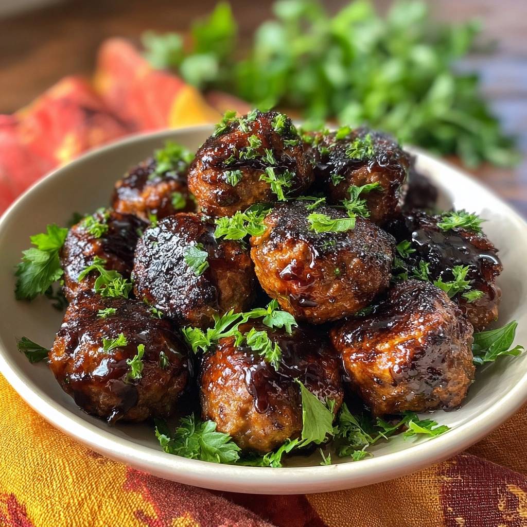 Sticky glazed meatballs with a glossy sauce and fresh parsley garnish in a bowl.